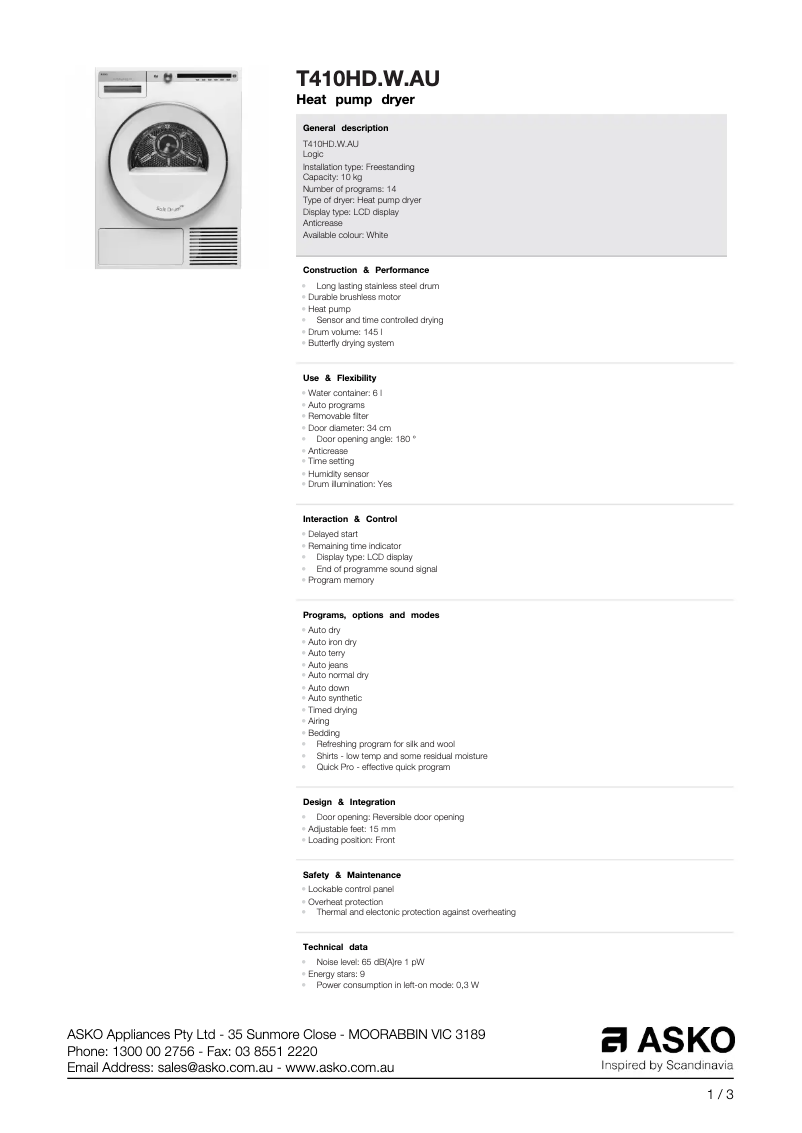 Page 1 of the manual Technical Sheet Asko T410HD.W.AU