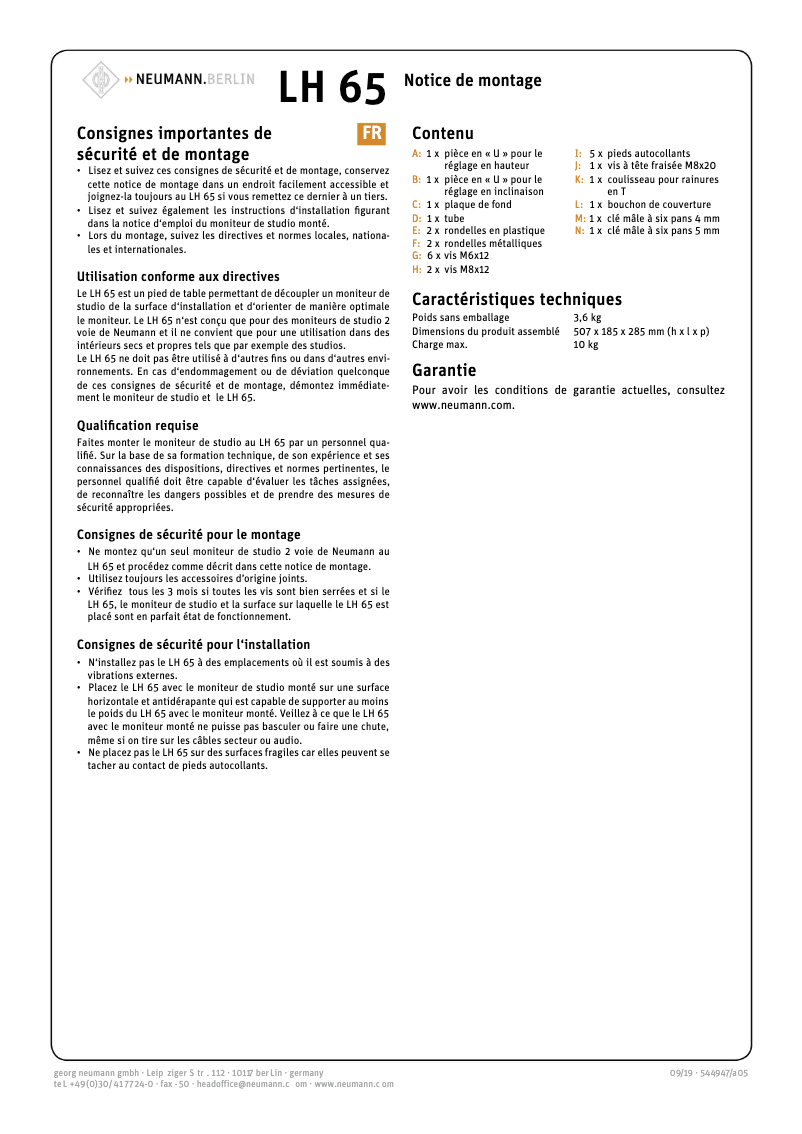 First page image of the manual for LH 65