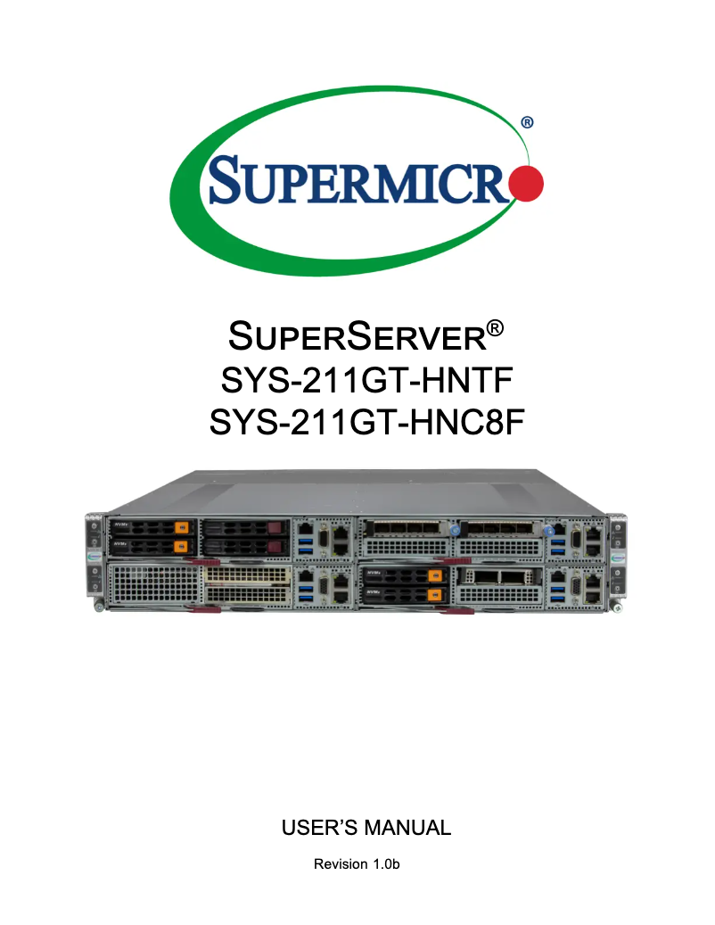 First page image of the manual for SuperServer SYS-211GT-HNTF