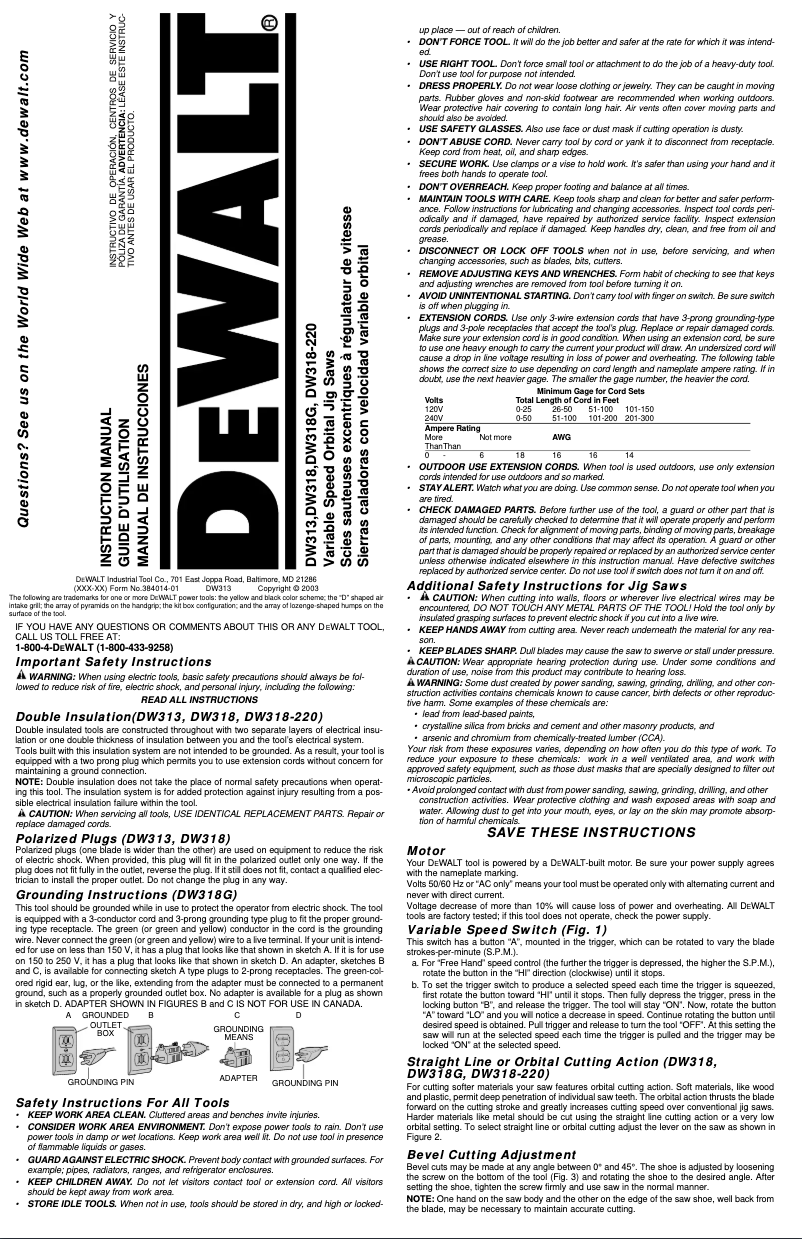 Page 1 of the manual User Manual DeWalt DW313