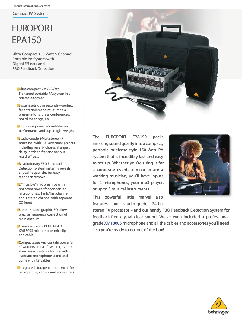 Page 1 of the manual Technical Sheet Behringer Europort EPA150