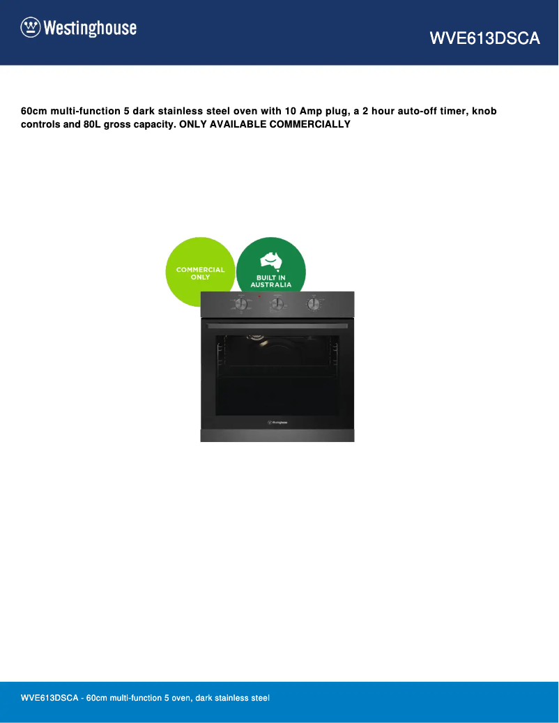 Page 1 of the manual Technical Sheet Westinghouse WVE613DSCA