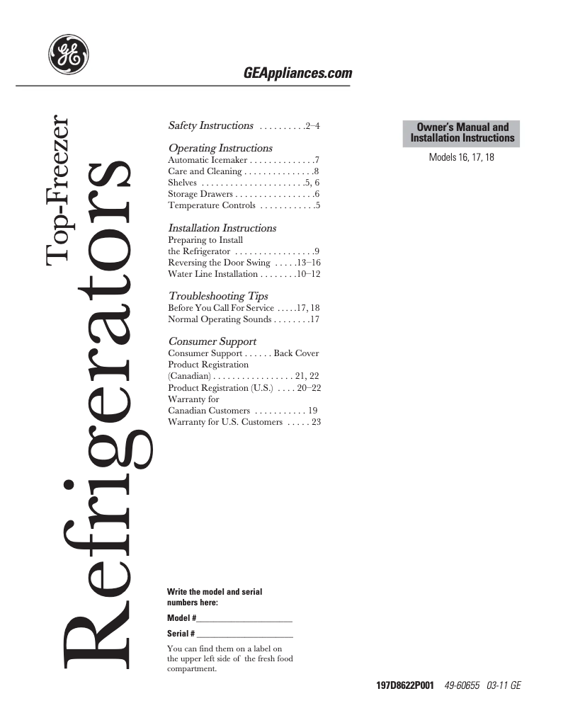 First page image of the manual for HTH18GBCWW