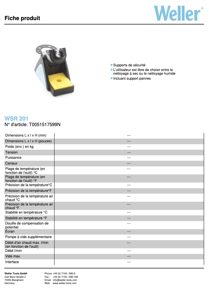 Page 1 of the manual Technical Sheet Weller WSR 201
