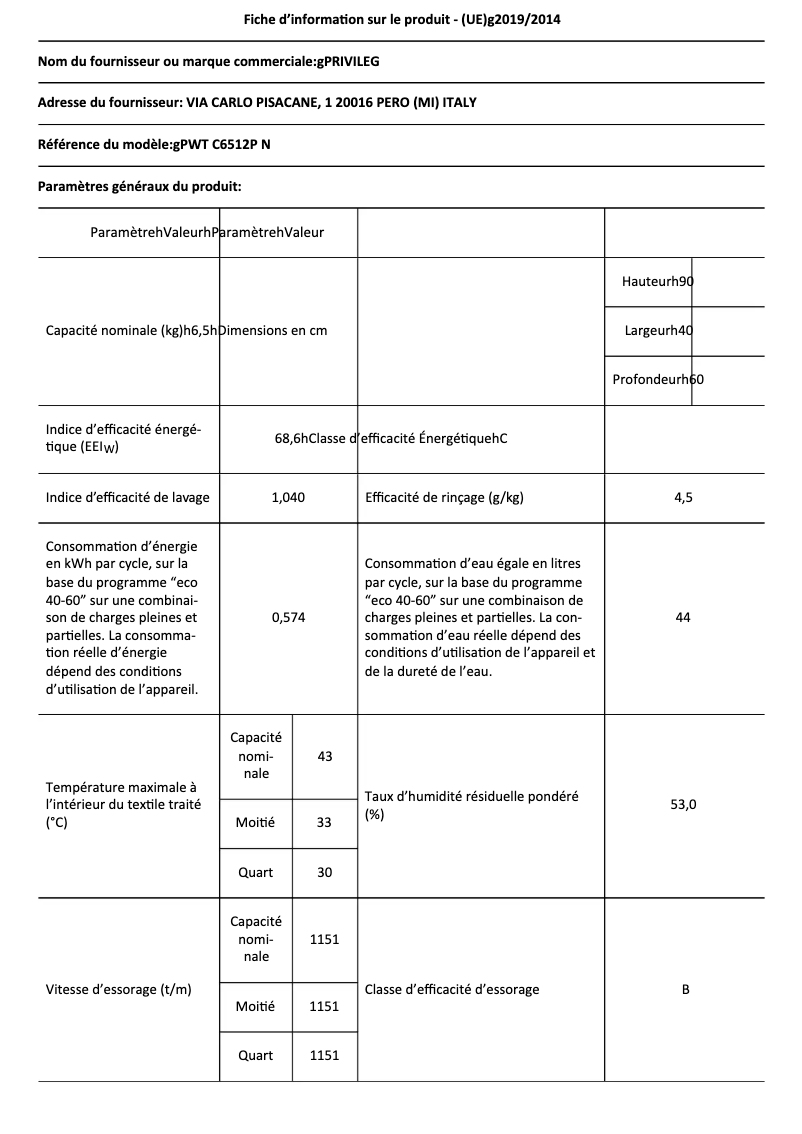 Page 1 of the manual Technical Sheet Privileg PWT C6512P N
