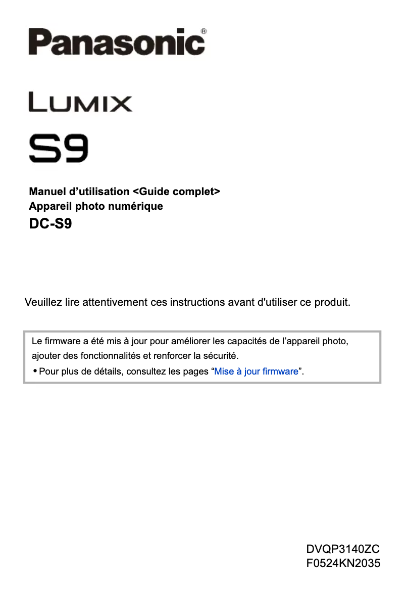 First page image of the manual for Lumix DC-S9