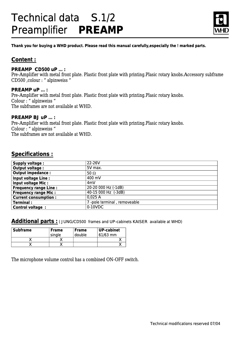 Page 1 of the manual User Manual Monacor PREAMP-1UP