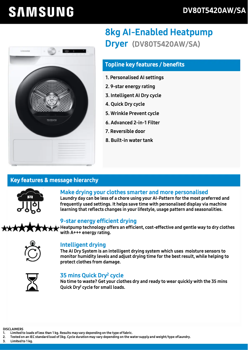 Page 1 of the manual Technical Sheet Samsung DV80T5420AW