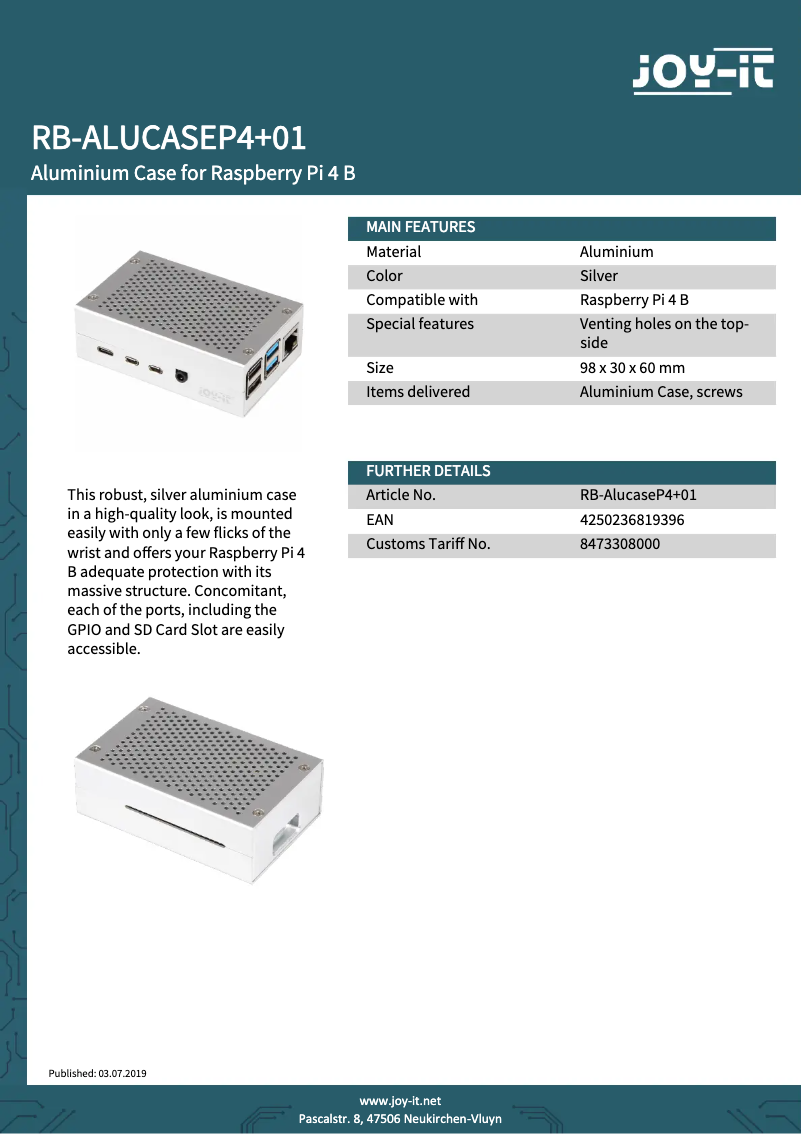 Page 1 de la notice Fiche technique Joy-It RB-AlucaseP4 + 01