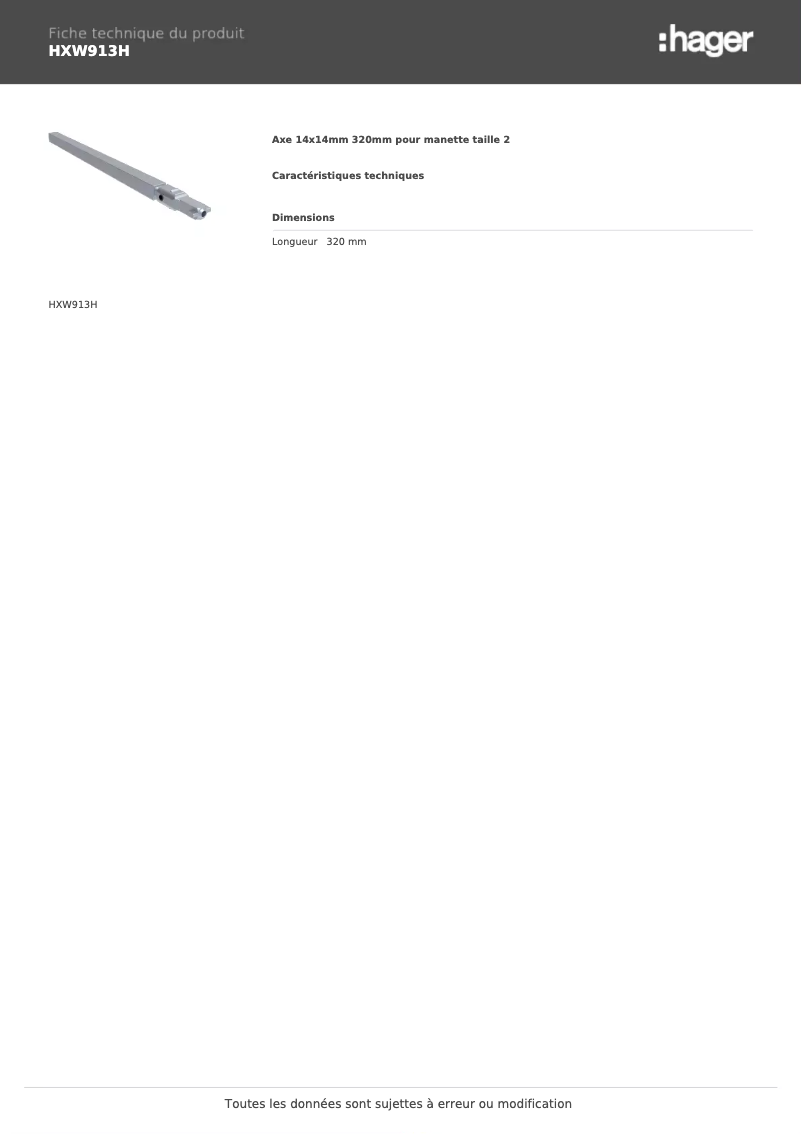 Page 1 of the manual Technical Sheet Hager HXW913H