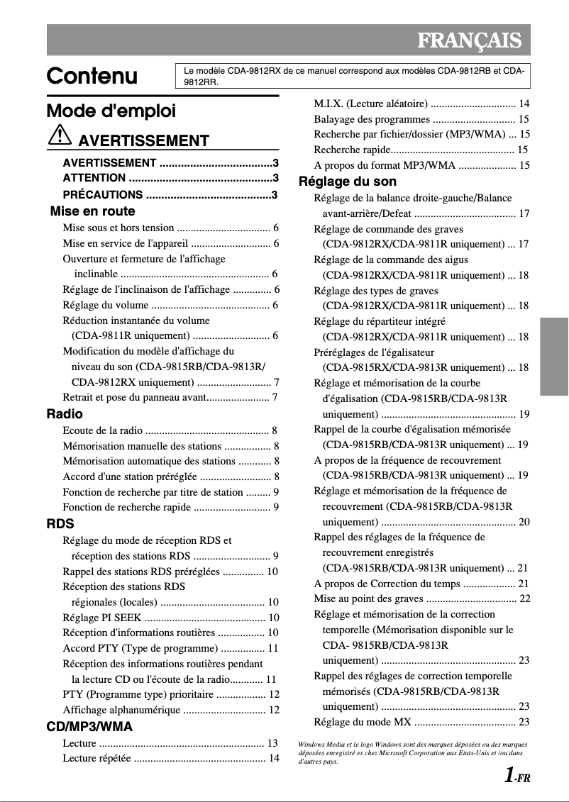 First page image of the manual for CDA-9812RR