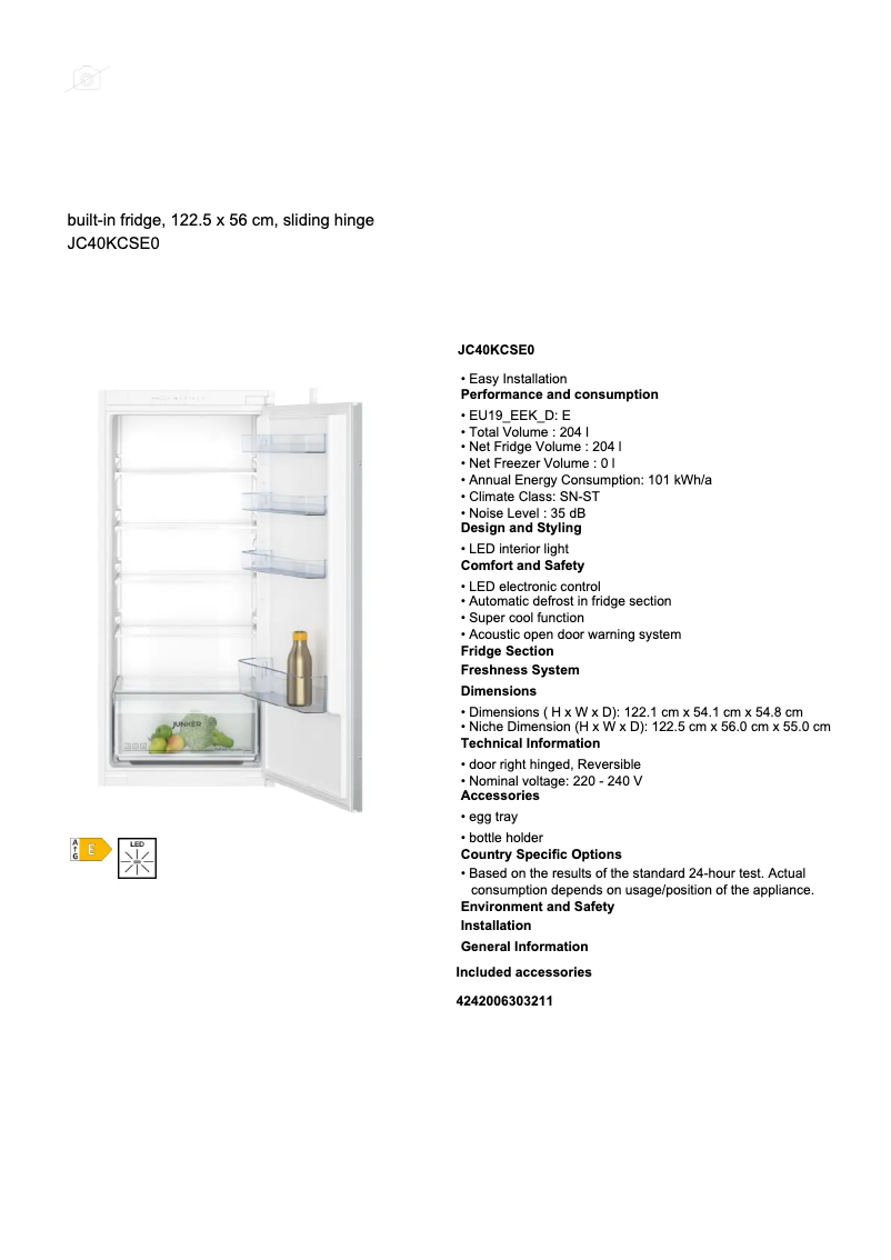 Page 1 of the manual Technical Sheet Junker JC40KCSE0