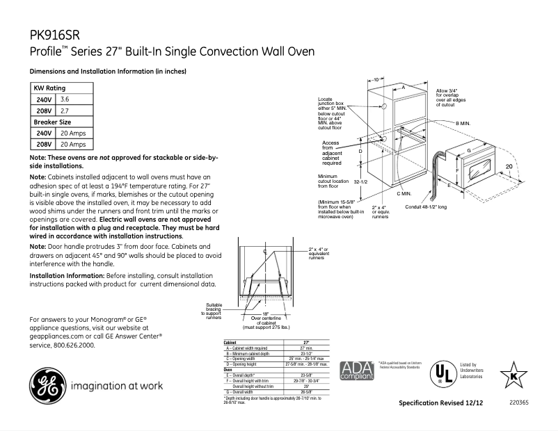 Page 1 of the manual Technical Sheet GE PK916SRSS