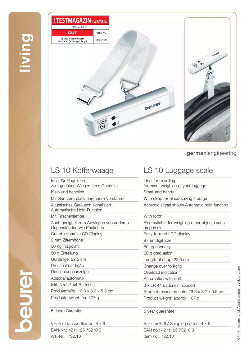 Page 1 of the manual Technical Sheet Beurer LS 10