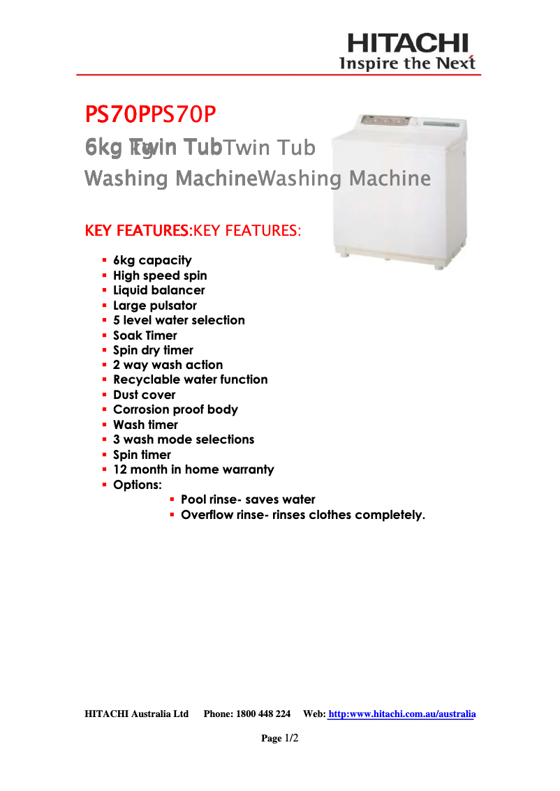 Page 1 of the manual Technical Sheet Hitachi PS70P