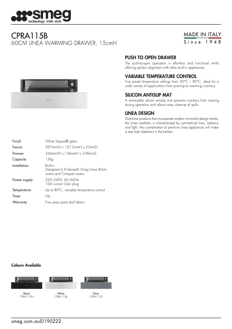 Page 1 de la notice Fiche technique Smeg CPRA115B