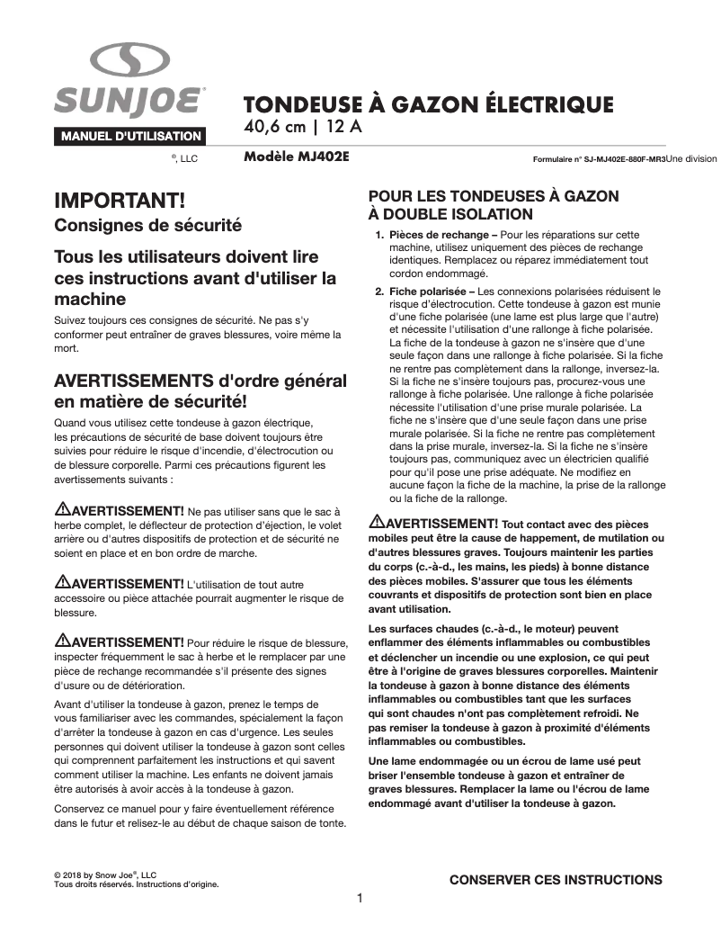 Page 1 of the manual User Manual Sun Joe MJ402E