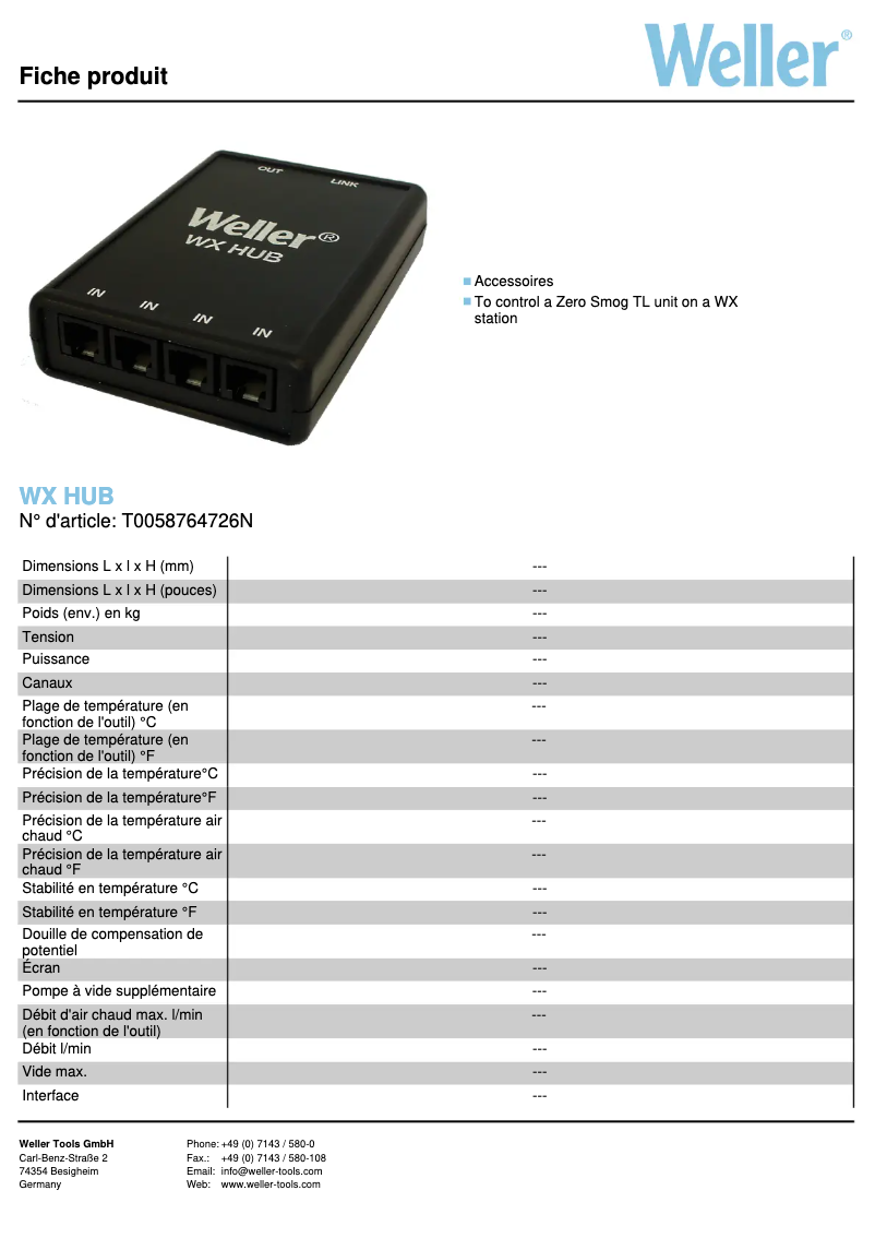 Page 1 of the manual Technical Sheet Weller WX HUB