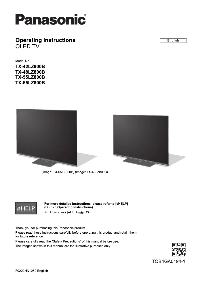 First page image of the manual for TX-42LZ800B