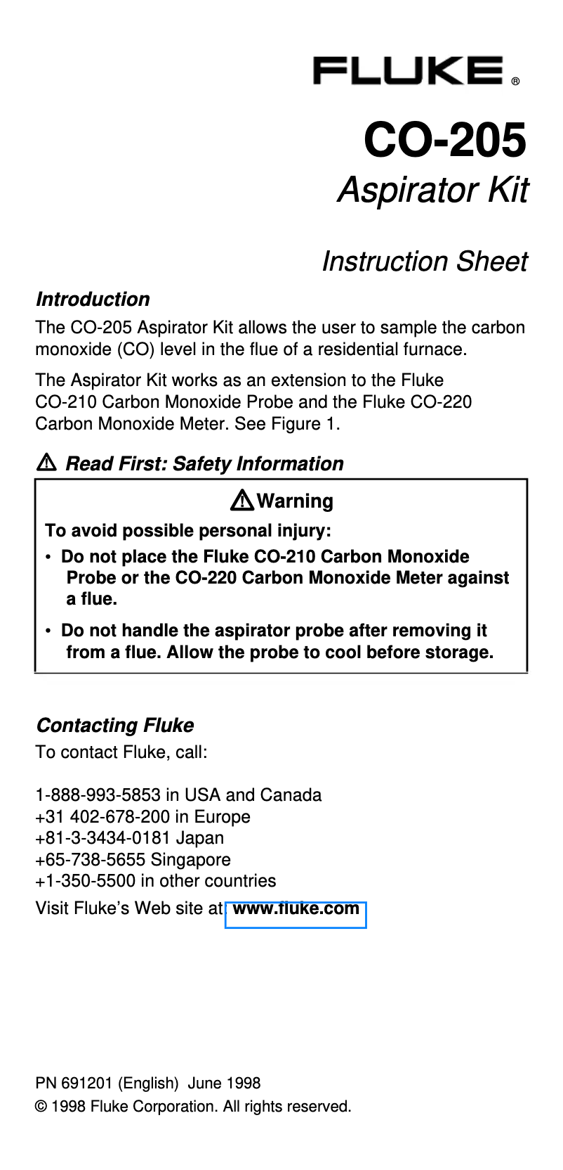 Page 1 of the manual User Manual Fluke CO-205
