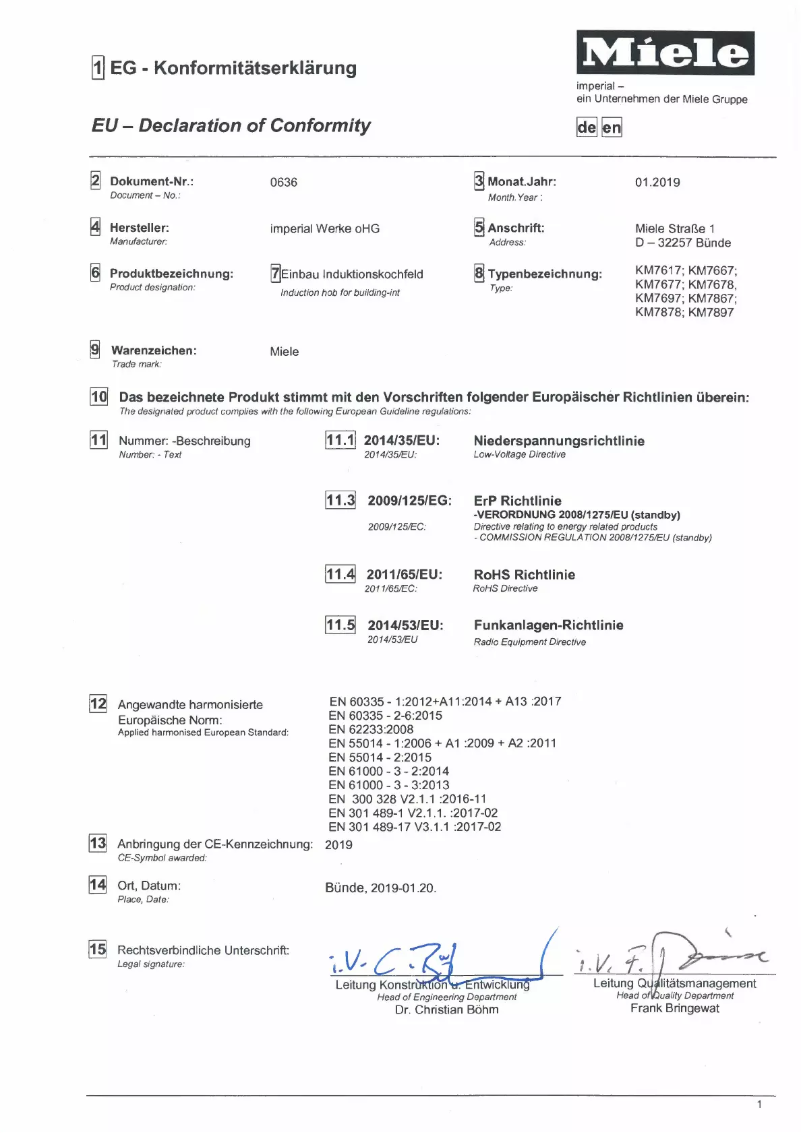Page 1 of the manual Instruction Manual Miele KM 7899 FL