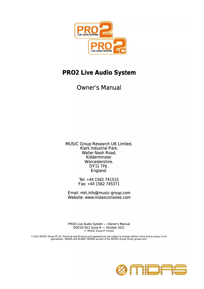 Page 1 of the manual User Manual Midas PRO2