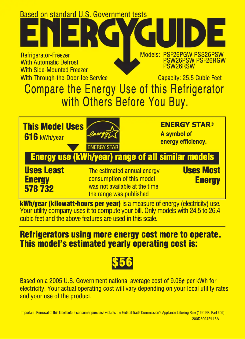 Page 1 of the manual Energy Label GE Profile PSW26PSWSS