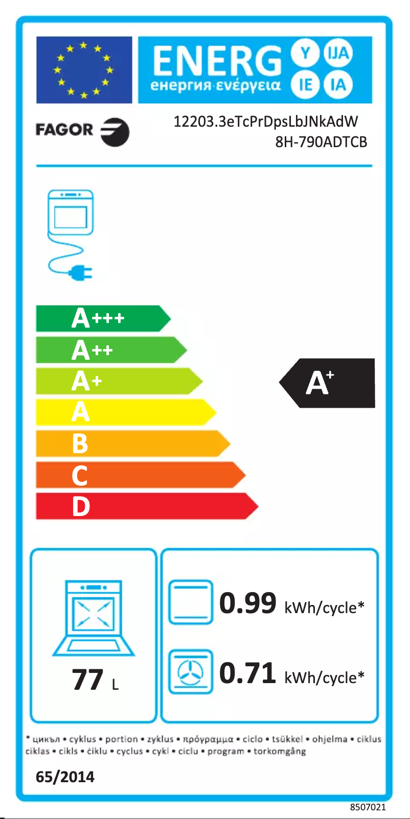 Page 1 of the manual Energy Label Fagor 8H-790ADTCB