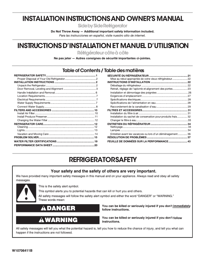Page 1 of the manual Installation Guide Whirlpool WRS588FIHZ