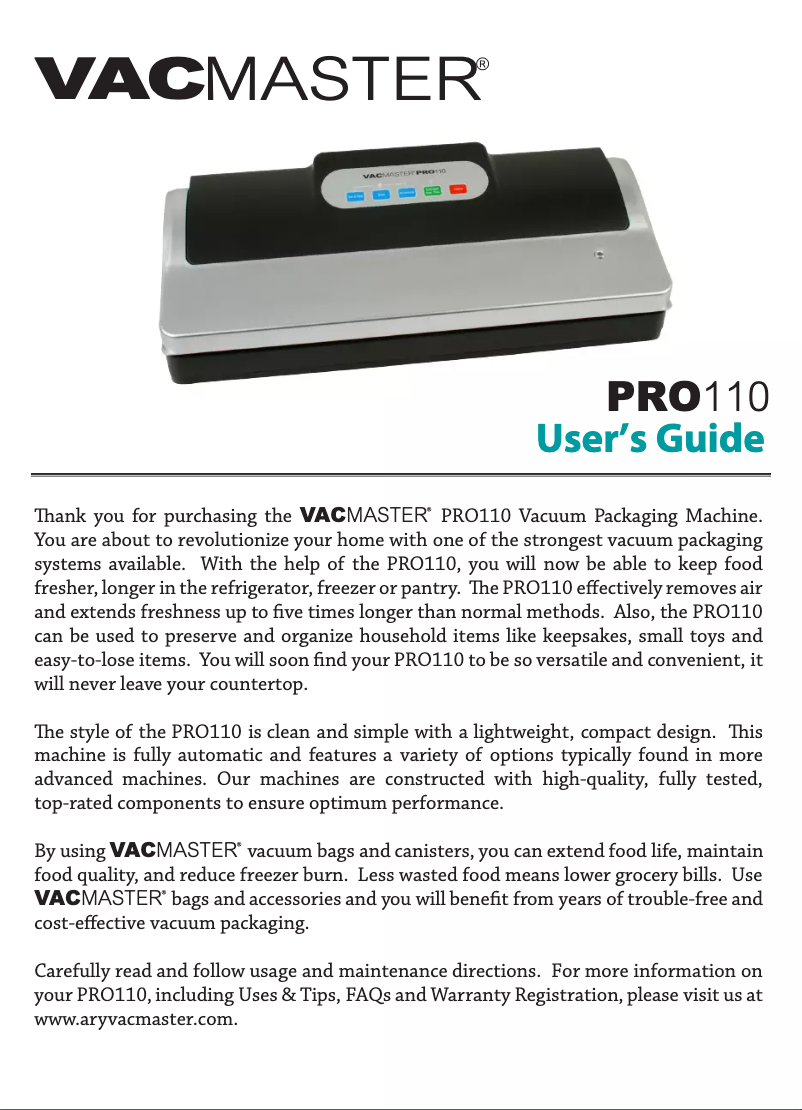Page 1 of the manual User Manual Vacmaster PRO110