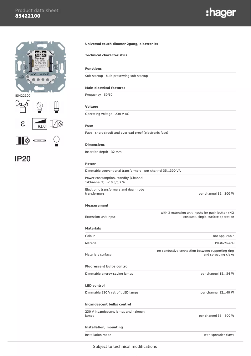 Page 1 of the manual Technical Sheet Hager 85422100