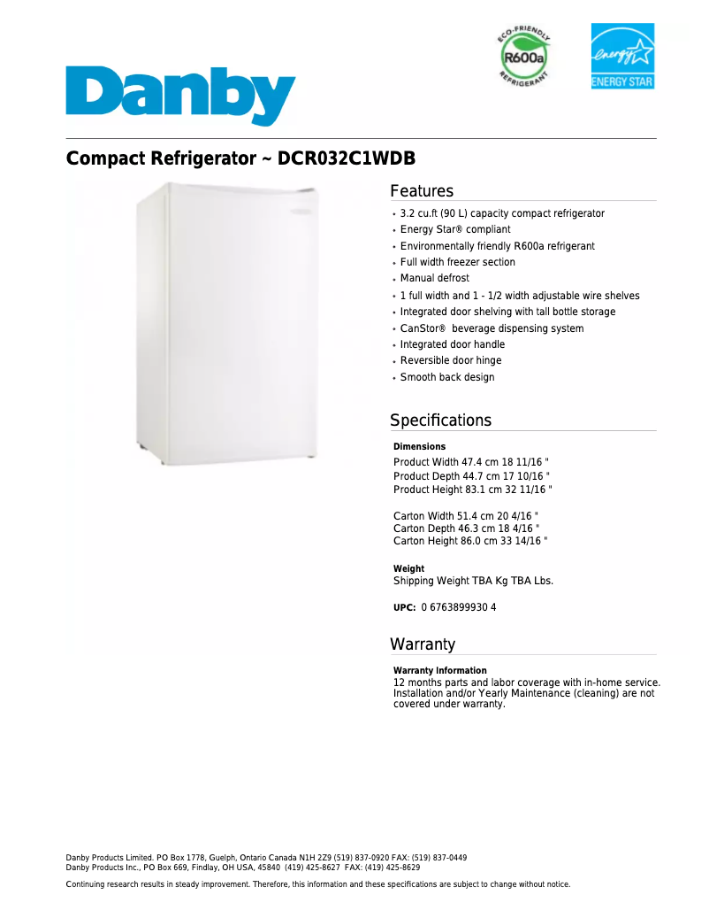 Page 1 of the manual Technical Sheet Danby DCR032C1WDB