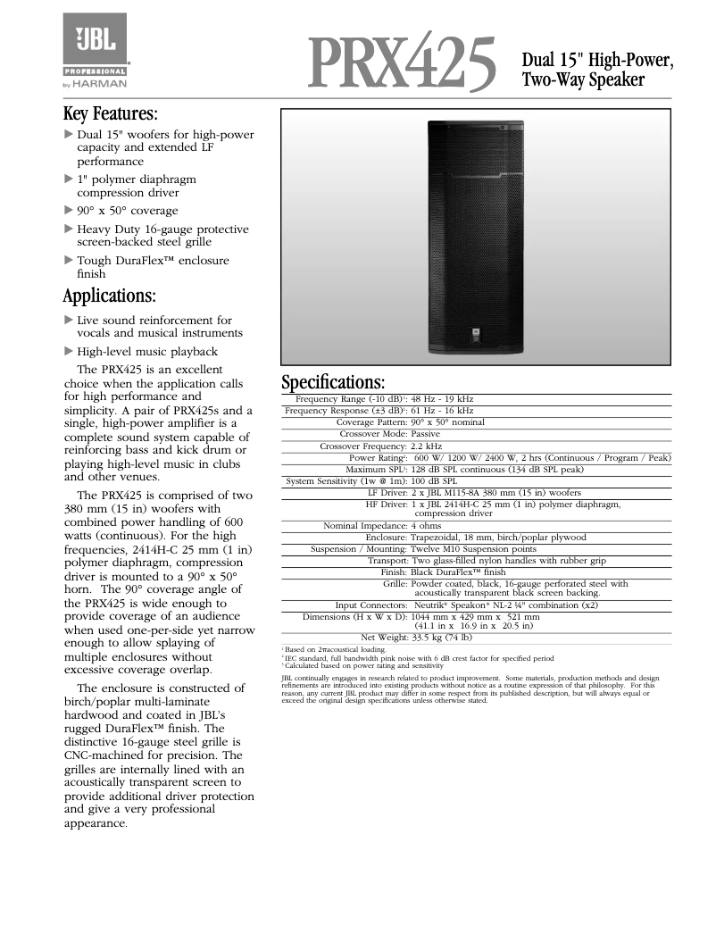 First page image of the manual for PRX425