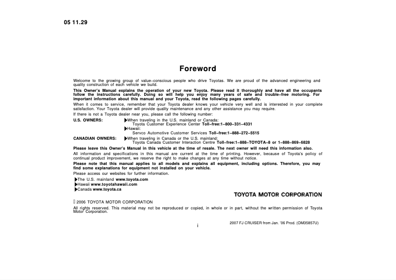 Page 1 of the manual User Manual Toyota FJ Cruiser (2007)