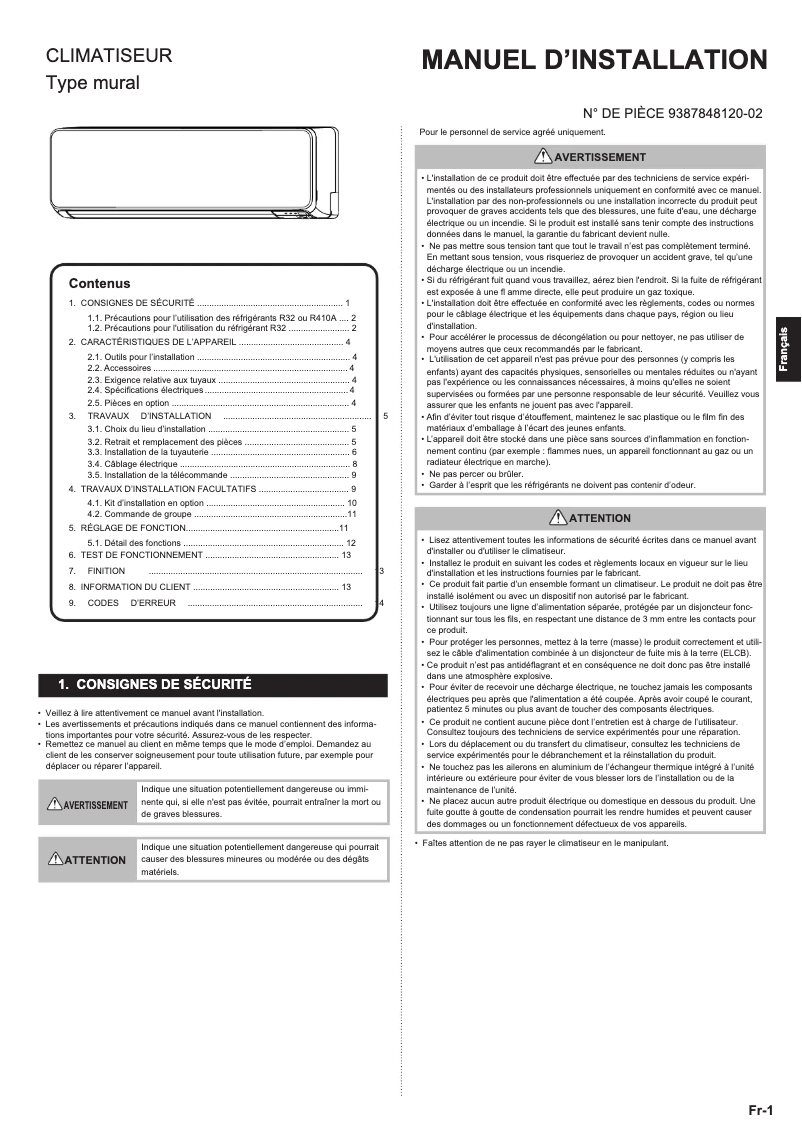 Page 1 de la notice Manuel utilisateur Fujitsu ASYG09KMCE