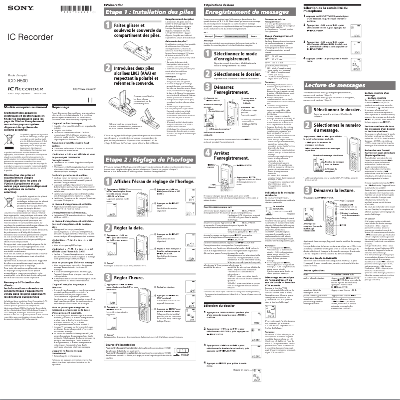 Page 1 of the manual User Manual Sony ICD-B500
