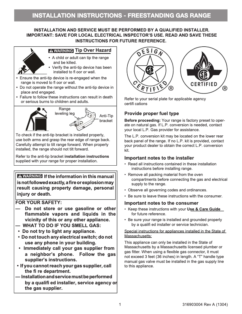 First page image of the manual for FGGF3036TW