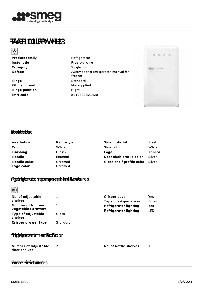 Page 1 of the manual Technical Sheet Smeg FAB10URWH3