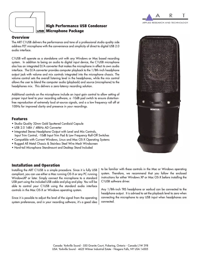 Page 1 of the manual User Manual ART C1USB