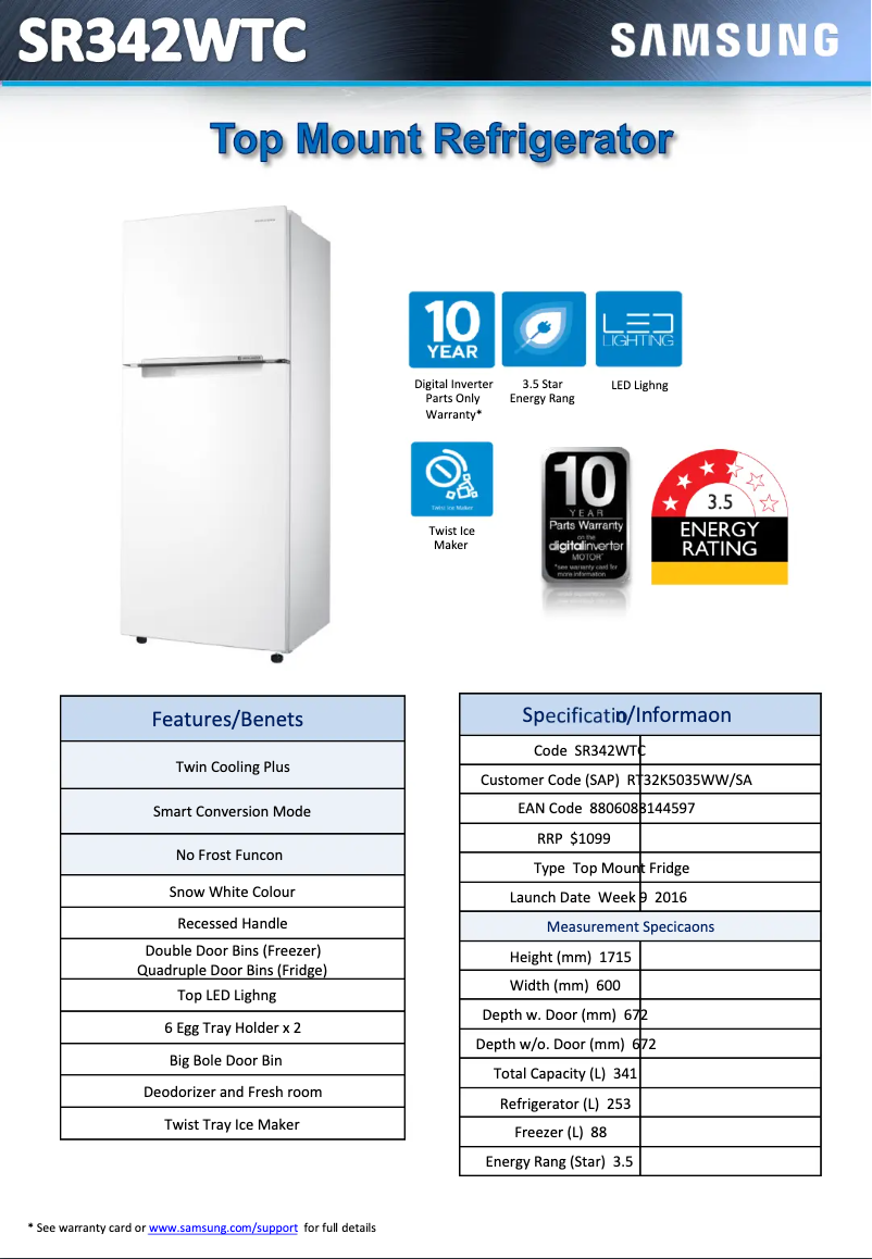 First page image of the manual for SR342WTC