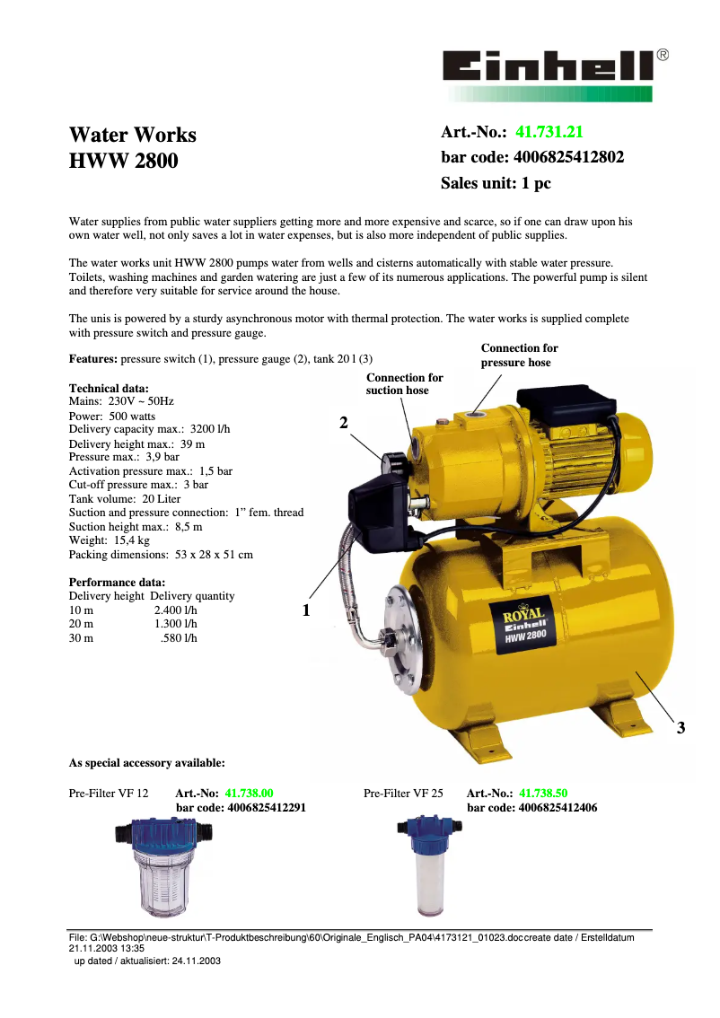 First page image of the manual for Royal HWW 2800