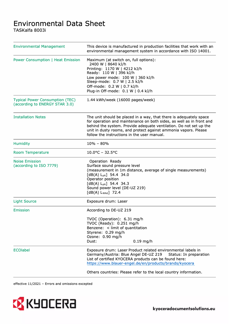 Page 1 of the manual Technical Sheet Kyocera TASKalfa 8003i