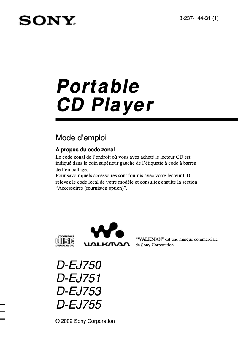 Page 1 of the manual User Manual Sony D-EJ750