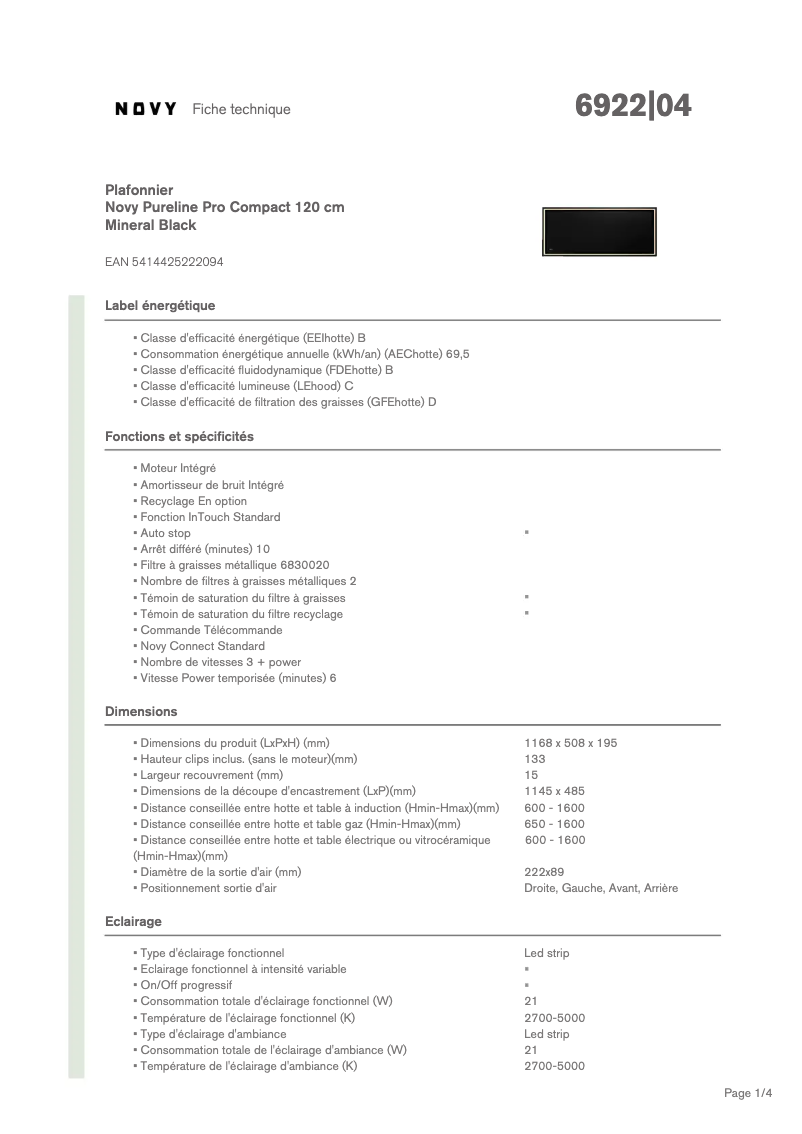 Page 1 of the manual Technical Sheet Novy Pureline Pro Compact 6922