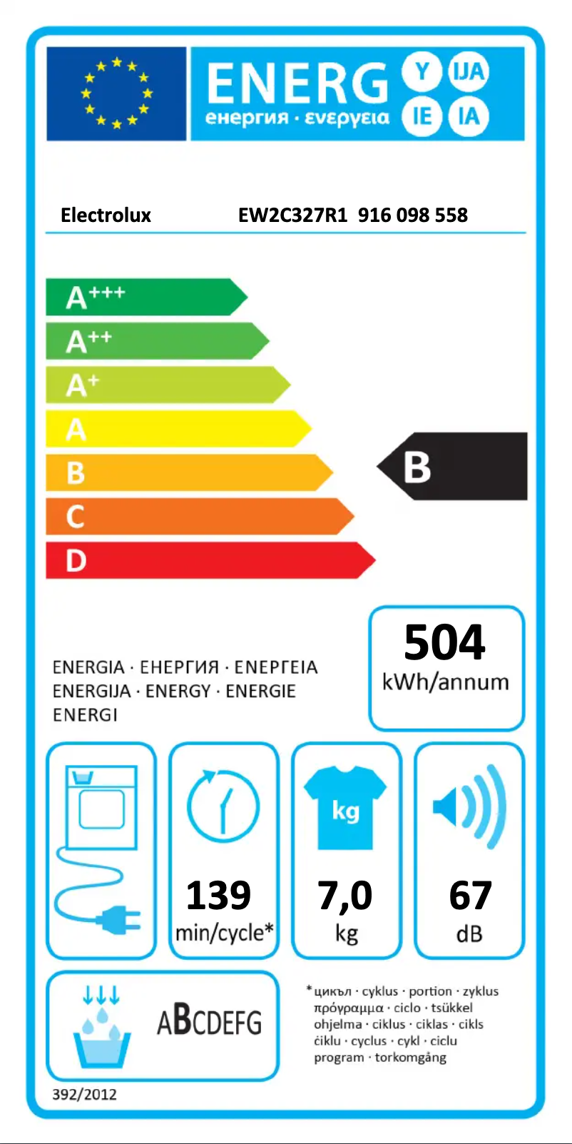 Page 1 of the manual Energy Label Electrolux EW2C327R1