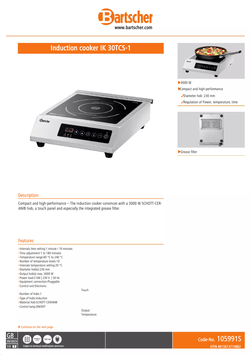 Page 1 of the manual Technical Sheet Bartscher IK 30TCS