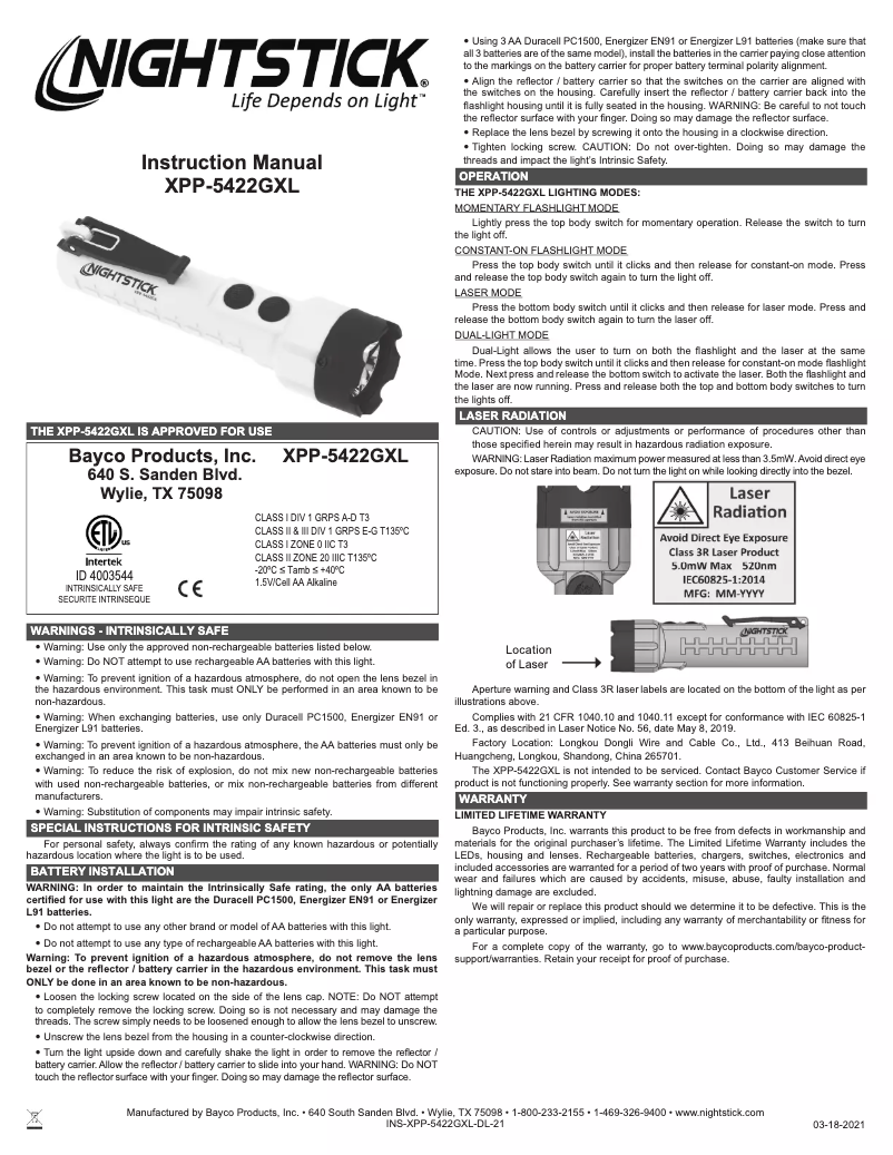 Page 1 of the manual User Manual NightStick XPP-5422GXL