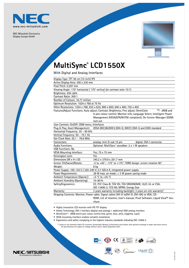 Page 1 of the manual Technical Sheet NEC MultiSync LCD1550X