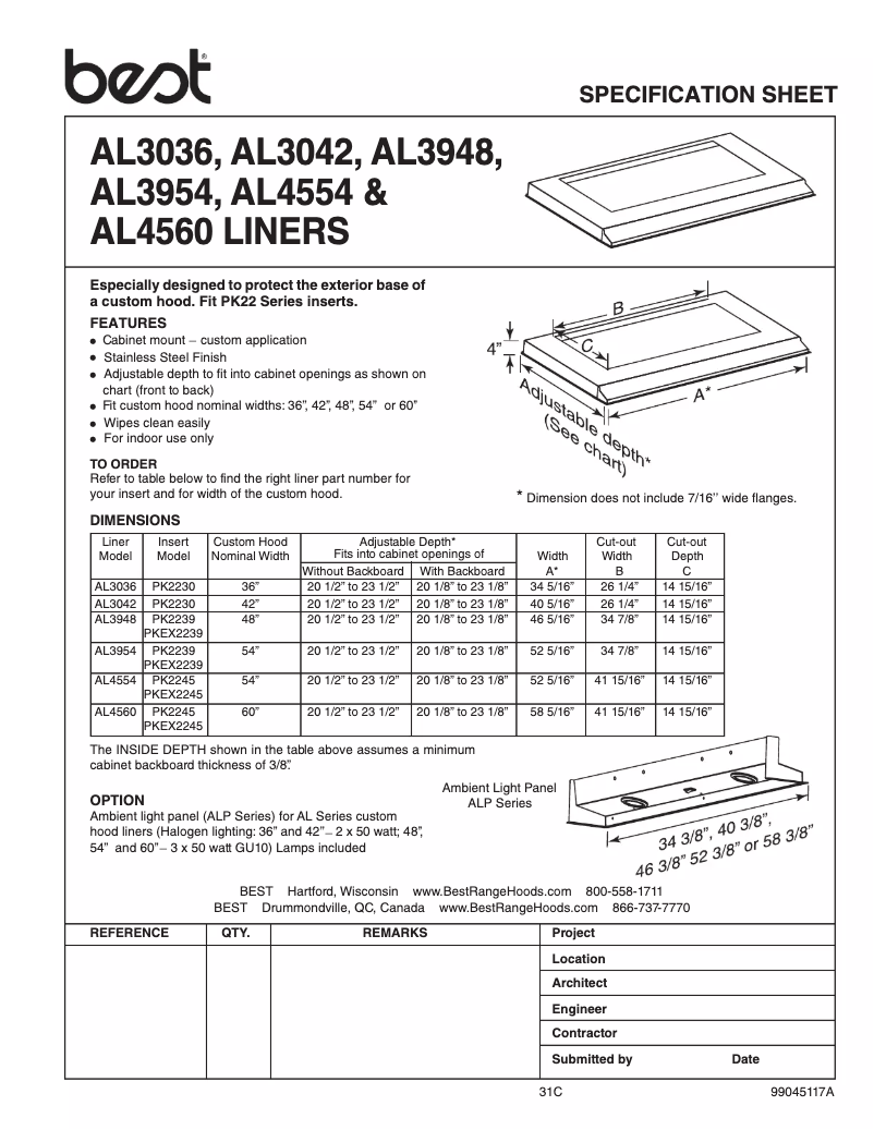 Page 1 of the manual Technical Sheet Best AL3036