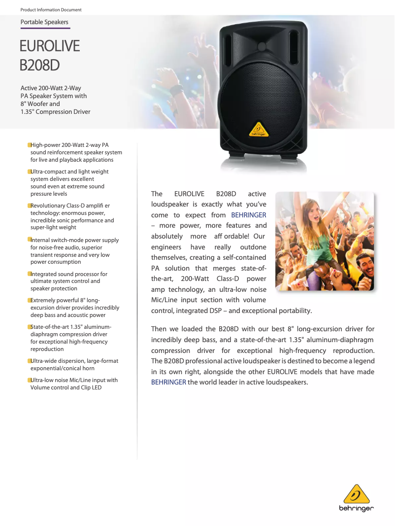 Page 1 of the manual Technical Sheet Behringer Eurolive B208D